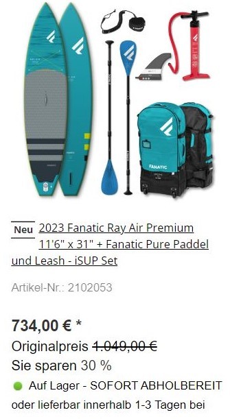 Fanatic Ray Air Premium 11'6" x 31" + Fanatic Pure Paddel und Leash